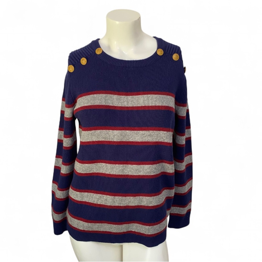 Striped Navy and Gray Sweater  Button Accents  Large Preppy Academia Oldmoney
